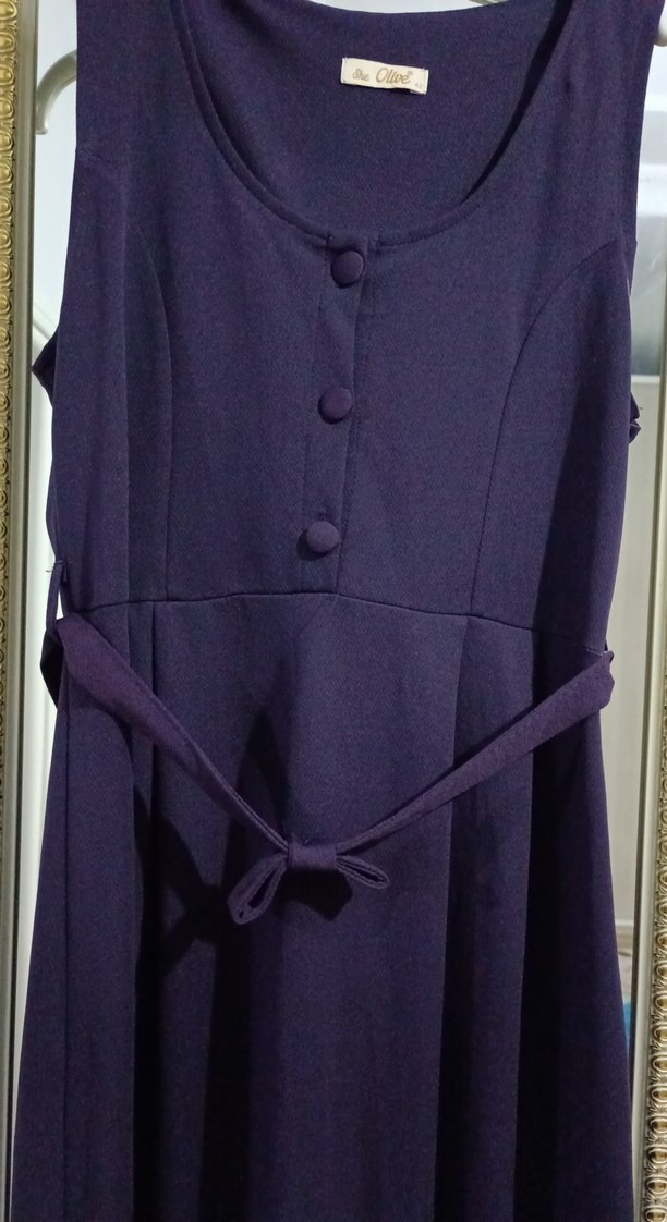 Klasik Mor Uzun Kolsuz Kuşaklı jile Elbise - Görsel 2