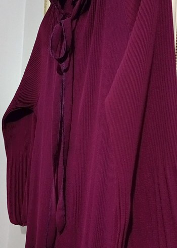 Bordo Uzun Kollu Piliseli Kadın Elbise - Görsel 5