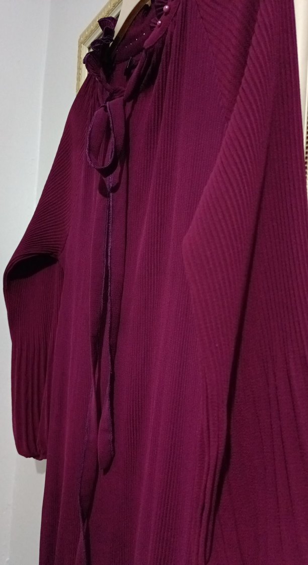 Bordo Uzun Kollu Piliseli Kadın Elbise - Görsel 5