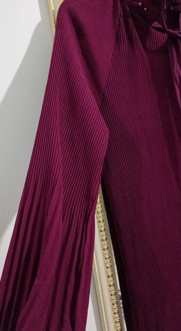 Bordo Uzun Kollu Piliseli Kadın Elbise - Görsel 2