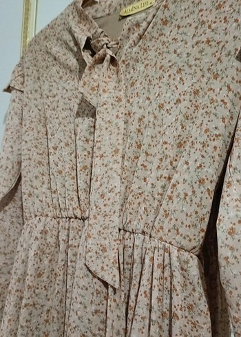 Uzun Kollu Bej Bohem Elbise - Görsel 2