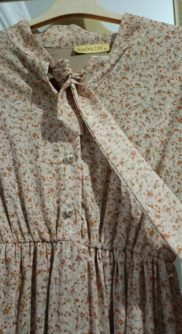 Uzun Kollu Bej Bohem Elbise - Görsel 3