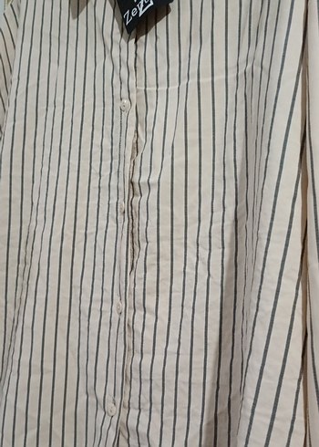 Bej Çizgili Uzun Kollu Keten Kadın Gömlek - Görsel 4