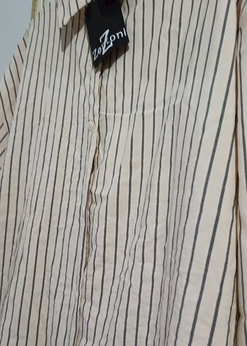 Bej Çizgili Uzun Kollu Keten Kadın Gömlek - Görsel 2