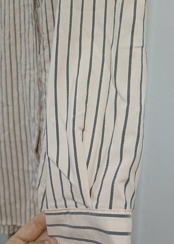 Bej Çizgili Uzun Kollu Keten Kadın Gömlek - Görsel 3