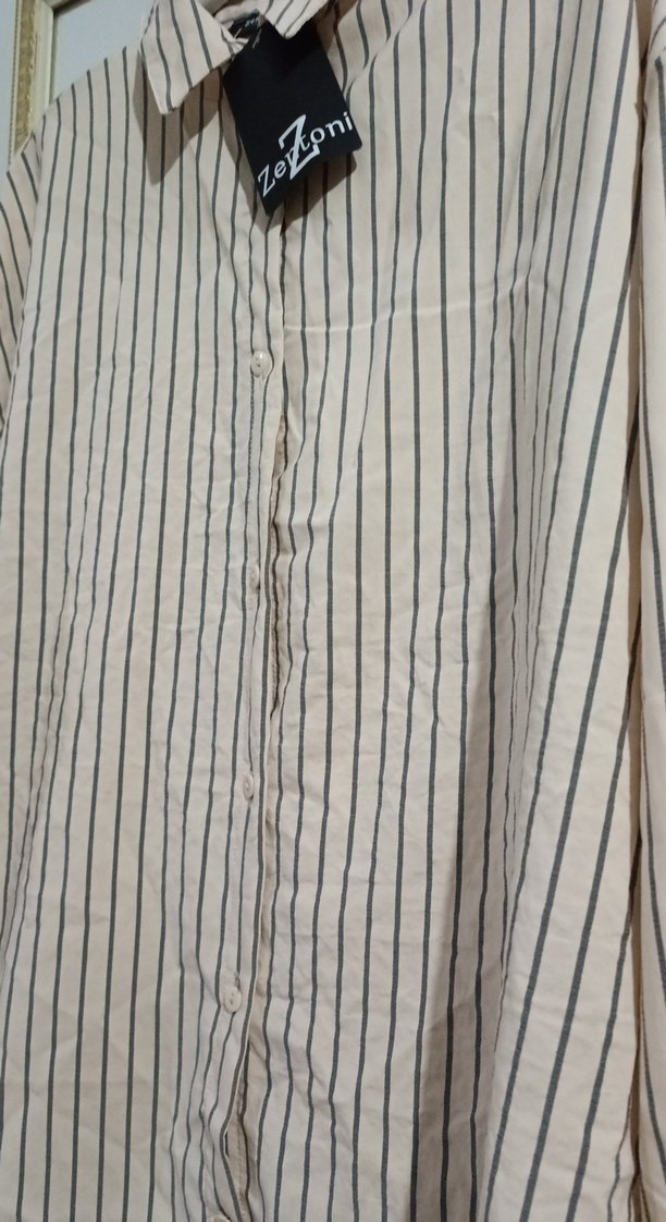 Bej Çizgili Uzun Kollu Keten Kadın Gömlek - Görsel 4