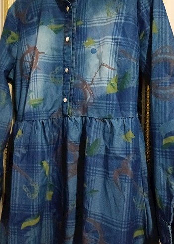 Düğmeli Uzun Kollu Mavi Batik Denim Elbise - Görsel 2