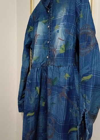 Düğmeli Uzun Kollu Mavi Batik Denim Elbise - Görsel 3