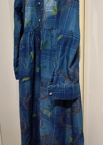 Düğmeli Uzun Kollu Mavi Batik Denim Elbise - Görsel 4