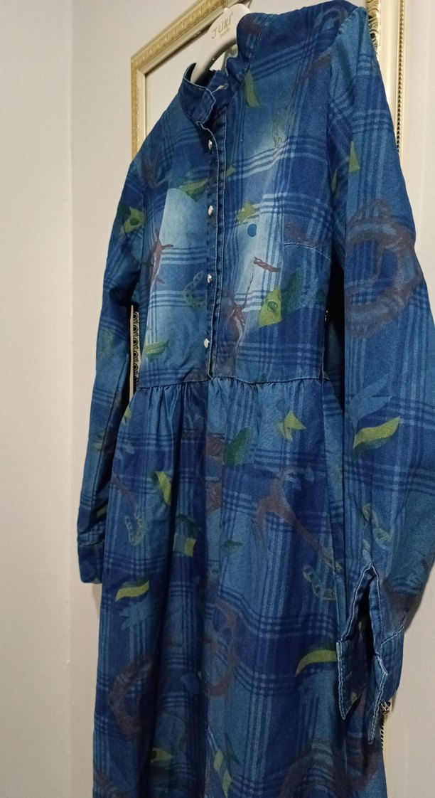 Düğmeli Uzun Kollu Mavi Batik Denim Elbise - Görsel 3