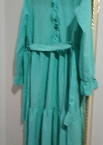 Uzun Turkuaz Keten Elbise - Görsel 5