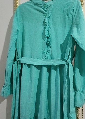 Uzun Turkuaz Keten Elbise - Görsel 2