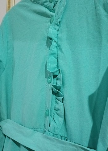 Uzun Turkuaz Keten Elbise - Görsel 3