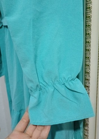 Uzun Turkuaz Keten Elbise - Görsel 4