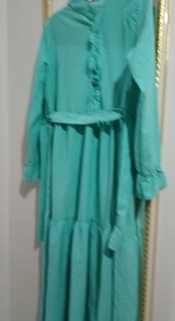Uzun Turkuaz Keten Elbise - Görsel 5