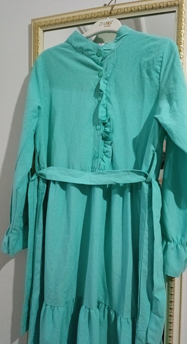 Uzun Turkuaz Keten Elbise - Görsel 2