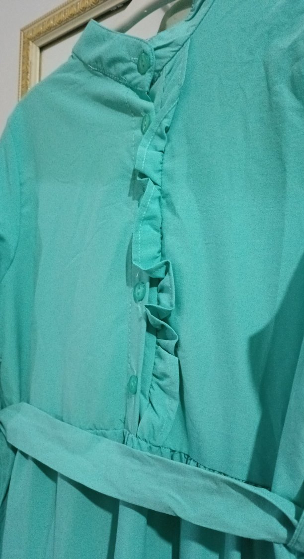 Uzun Turkuaz Keten Elbise - Görsel 3