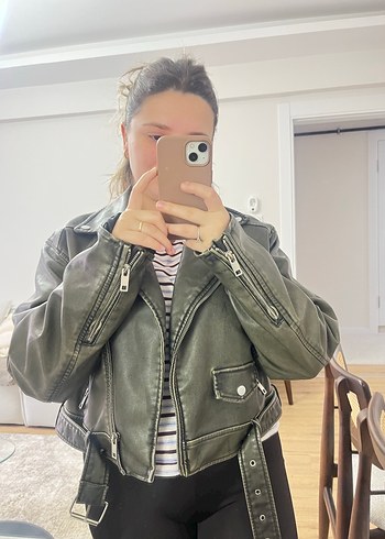 Haki Deri Kadın Biker Ceket - Görsel 4