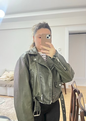 Haki Deri Kadın Biker Ceket - Görsel 3