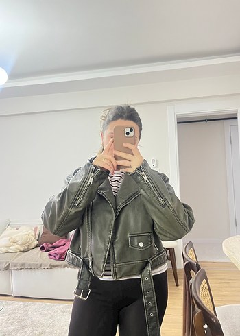 Haki Deri Kadın Biker Ceket - Görsel 2