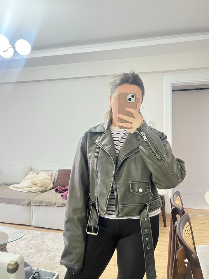 Haki Deri Kadın Biker Ceket - Görsel 5