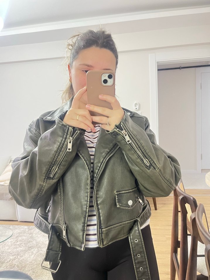 Haki Deri Kadın Biker Ceket - Görsel 4