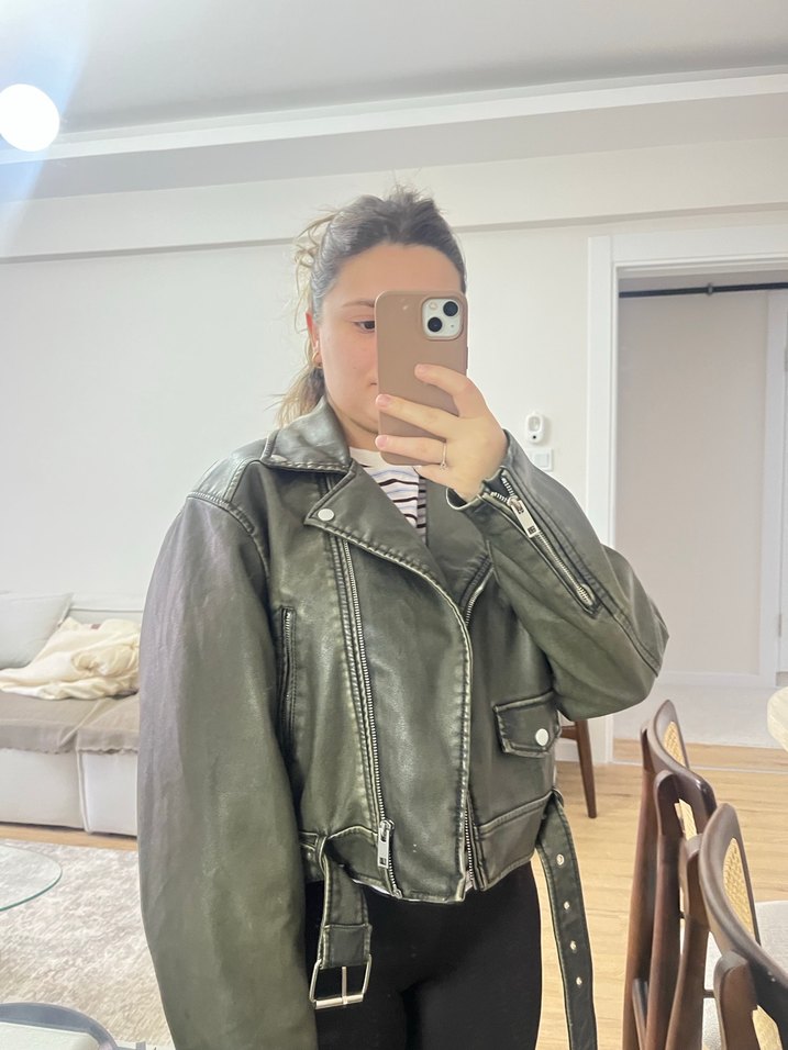 Haki Deri Kadın Biker Ceket - Görsel 3