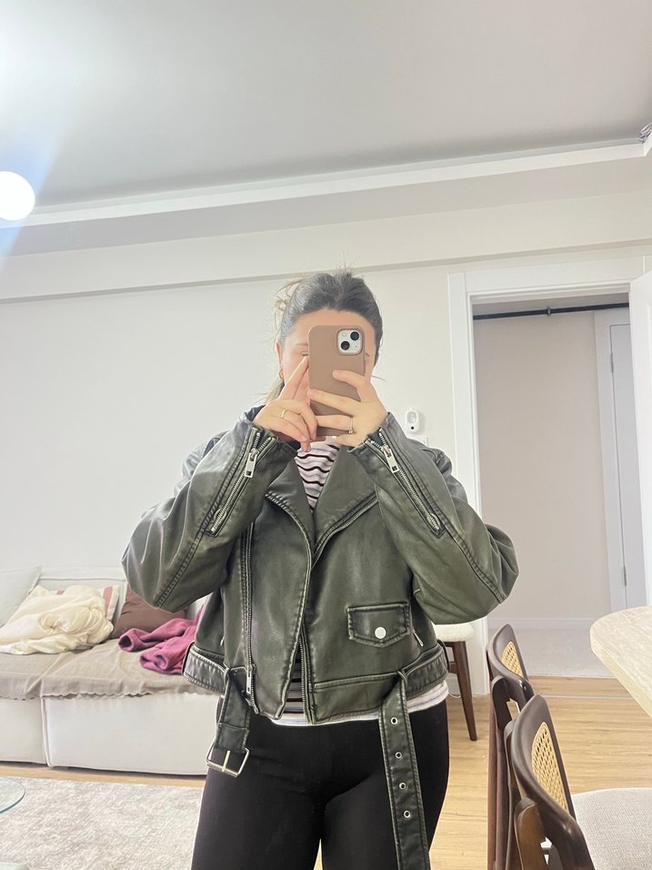 Haki Deri Kadın Biker Ceket - Görsel 2