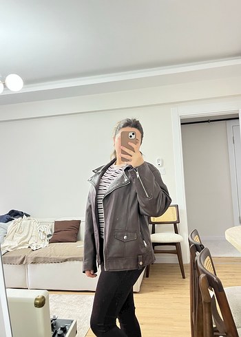 Kahverengi Deri Biker Ceket - Görsel 6