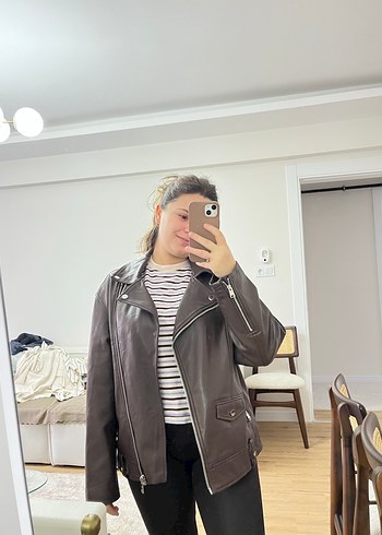 Kahverengi Deri Biker Ceket - Görsel 4