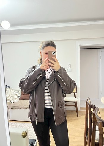 Kahverengi Deri Biker Ceket - Görsel 3