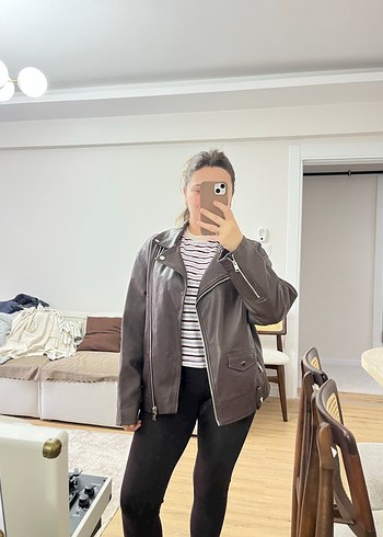 Kahverengi Deri Biker Ceket - Görsel 5