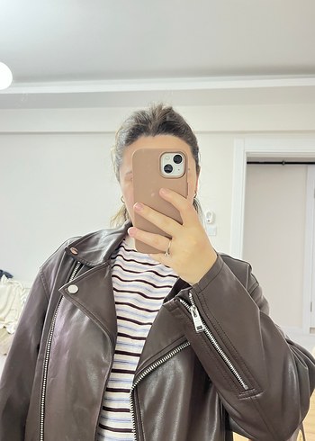 Kahverengi Deri Biker Ceket - Görsel 7