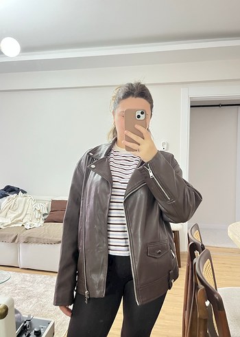 Kahverengi Deri Biker Ceket - Görsel 2