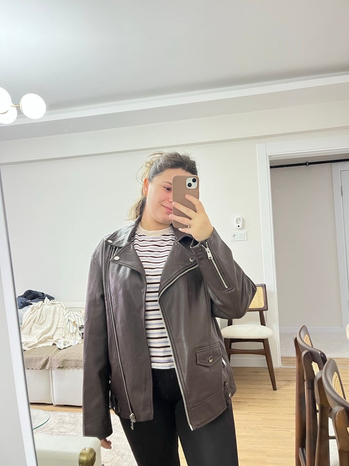 Kahverengi Deri Biker Ceket - Görsel 4