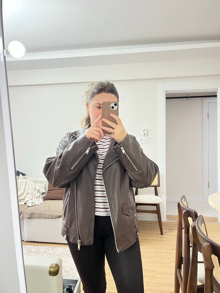 Kahverengi Deri Biker Ceket - Görsel 3