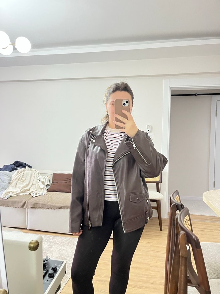 Kahverengi Deri Biker Ceket - Görsel 5