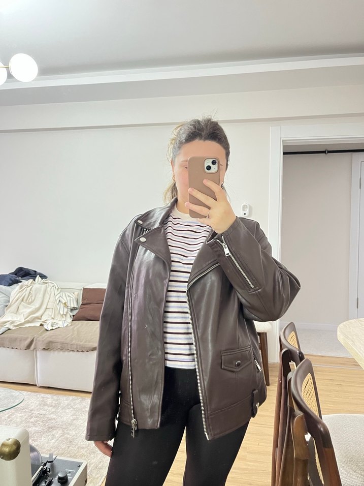 Kahverengi Deri Biker Ceket - Görsel 2