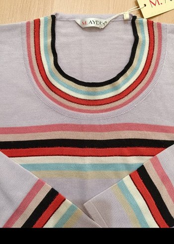 Çok Renkli Çizgili Kadın Triko Kazak - Görsel 2