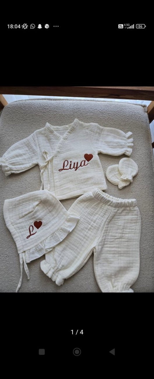 organik müslin nakışlı hastane çıkış seti - Görsel 2