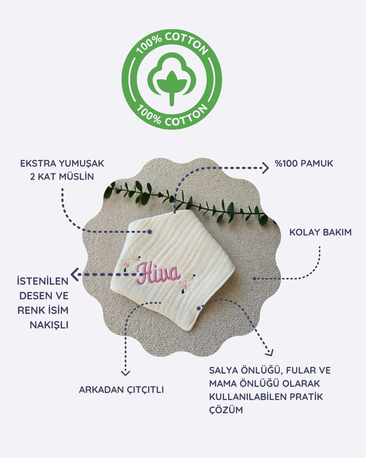 müslin isim Nakışlı Beyaz Bebek Önlüğü - Görsel 2