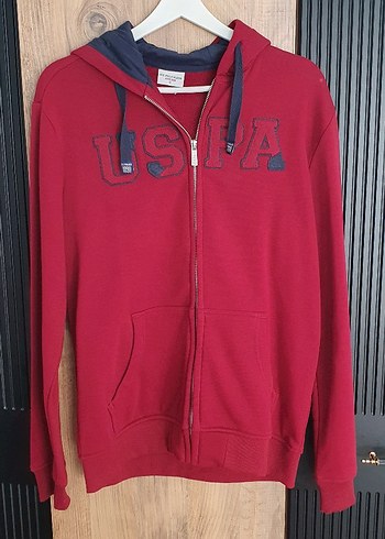 Kırmızı Kapüşonlu Fermuarlı Erkek Sweatshirt - Görsel 2