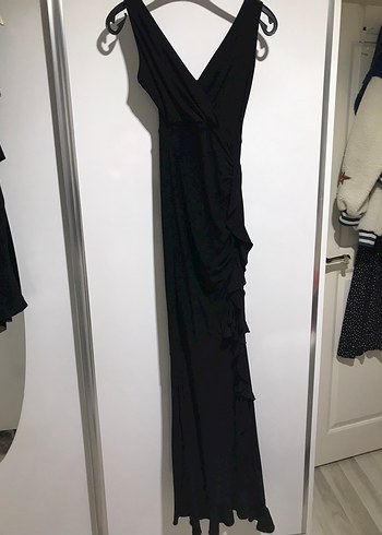 Siyah V Yakalı Drapeli Uzun Kadın Elbise - Görsel 2