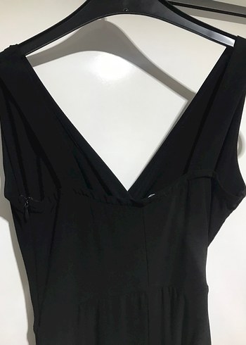 Siyah V Yakalı Drapeli Uzun Kadın Elbise - Görsel 5