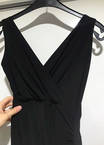 Siyah V Yakalı Drapeli Uzun Kadın Elbise - Görsel 4