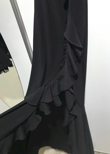 Siyah V Yakalı Drapeli Uzun Kadın Elbise - Görsel 3