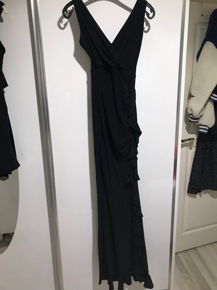 Siyah V Yakalı Drapeli Uzun Kadın Elbise - Görsel 2