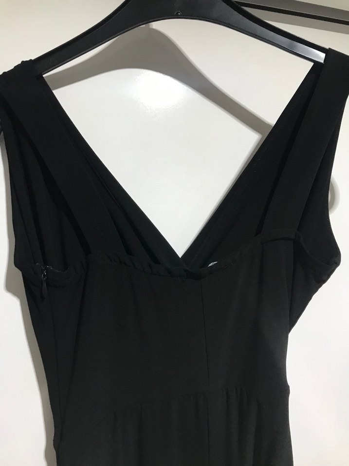 Siyah V Yakalı Drapeli Uzun Kadın Elbise - Görsel 5