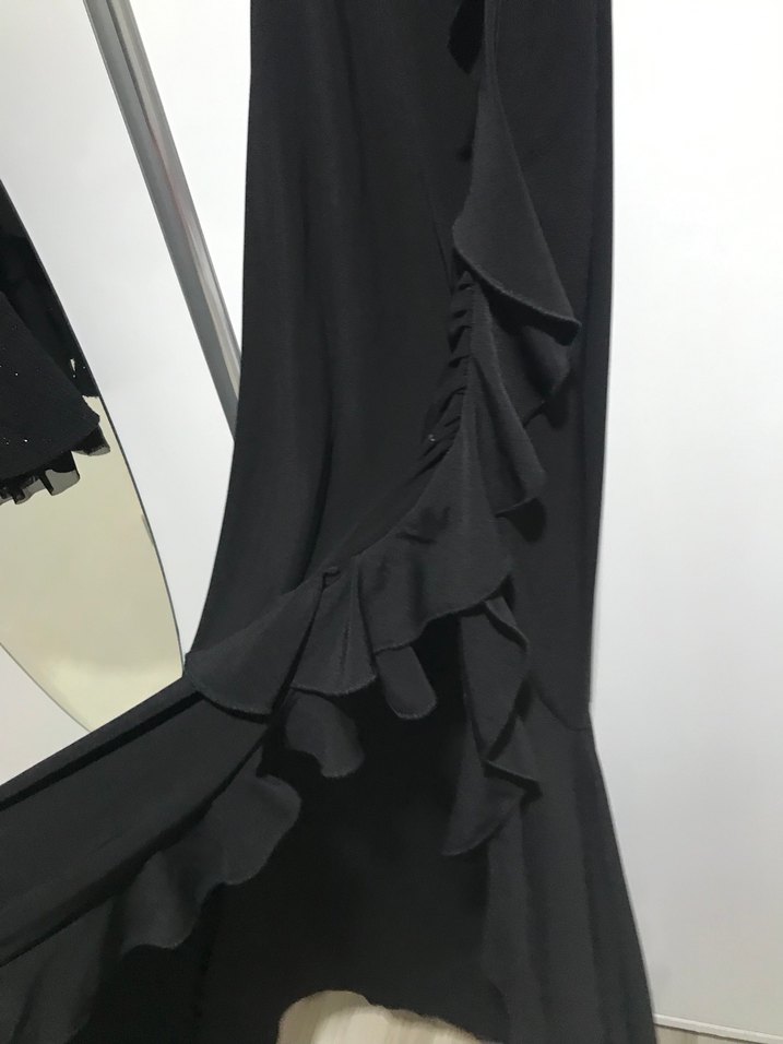 Siyah V Yakalı Drapeli Uzun Kadın Elbise - Görsel 3