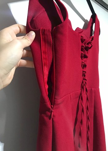 Kırmızı V Yaka Mini Abiye Elbise - Görsel 5